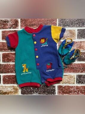 90s Vintage Color Block Zoo Animals romper & shoes 0-3m baby boy